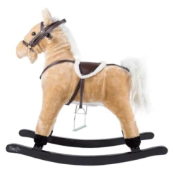 Toy Time Kids Plush Ride-On Rocking Horse On Wooden Rockers With Sounds, Stirrups, Saddle, And Reins - Brown