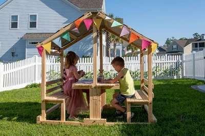 Funphix Kids Klubhouse Wooden Playhouse Outdoor Indoor, DIY Backyard Playhouse With Table & Benches 1 Funphix Kids Klubhouse Wooden Playhouse Outdoor Indoor, DIY Backyard Playhouse With Table & Benches