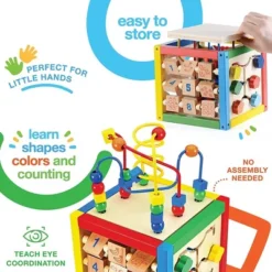 Wooden Activity Cube With Bead Maze, Shape Sorter, Abacus Counting Beads, Counting Numbers, Sliding Shapes - 5 In 1 - Play22Usa