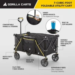 Gorilla Carts 7 Cubic Feet Foldable Utility Beach Wagon W/ Oversized Bed, Black