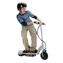 Razor E100 Kids Ride On 24V Motorized Powered Electric Scooter Toy, Speeds Up To 10 MPH With Brakes And 8-Inch Pneumatic Tires, Ages 8 And Up, Silver