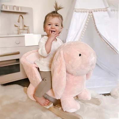 Qaba Rabbit Wooden Rocking Horse With Simulated Sound, Wooden Base, Seat Belt, Plush Stuffed Rocking Chair For Baby, Toddler, 18-36 Months, Pink 2 Qaba Rabbit Wooden Rocking Horse With Simulated Sound, Wooden Base, Seat Belt, Plush Stuffed Rocking Chair For Baby, Toddler, 18-36 Months, Pink - Image 2