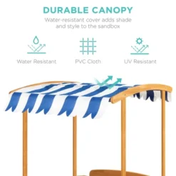 Best Choice Products Kids Wooden Cabana Sandbox W/ Bench Seats, UV-Resistant Canopy, Sandpit Cover, 2 Buckets - Natural