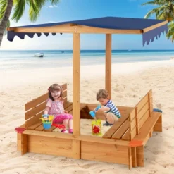 Costway Kids Wooden Sandbox W/ Canopy & 2 Bench Seats Bottom Liner For Outdoor
