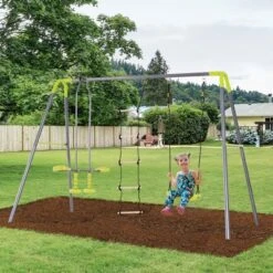 HOMCOM 3 In 1 Kid Swing Set For Backyard With Swing Seat, Glider And Climbing Ladder, Heavy Duty Metal Frame For 4 Children