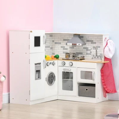 Qaba Corner Play Kitchen Set With Sound Effects And Tons Of Countertop Space, Kids Kitchen With Washing Machine, Food Toys, Ice Maker, Ages 3-6, White 1 Qaba Corner Play Kitchen Set With Sound Effects And Tons Of Countertop Space, Kids Kitchen With Washing Machine, Food Toys, Ice Maker, Ages 3-6, White