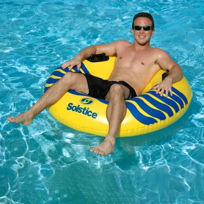 Swimline 42" Round Inflatable 1-Person Swimming Pool Tube With Handles - Yellow/Blue 2 Swimline 42" Round Inflatable 1-Person Swimming Pool Tube With Handles - Yellow/Blue - Image 2
