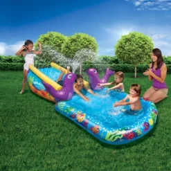Banzai Inflatable Outdoor My First Cushion Water Slide Ramp And Splash Pool With Inflatable Seal Sprinkler Sprayers For Kids Ages 2+