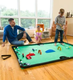 HearthSong - Golf Pool Indoor Family Game Special, Includes Two Golf Clubs, 16 Balls, Green Mat, Rails, And Wooden Arches