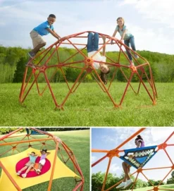 HearthSong 10' Diam. X 5'H SunRise Geometric Climbing Dome With Star Hammock And Two Bungee Net Chairs