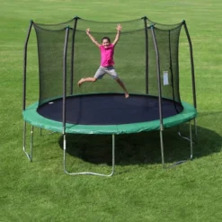 Skywalker Trampolines 12 Foot UV Protected Weather Resistant Round Outdoor Backyard Trampoline With 360 Degree Safety Enclosure Net Ages 6 & Up, Green