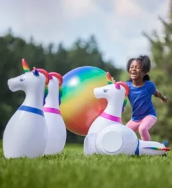 Hearthsong Giant Inflatable Unicorn Bowling Set For Kids, With 6 Unicorn Pins And 1 Large Multi-Colored Ball