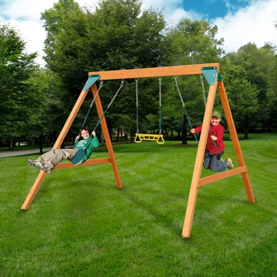 Gorilla Playsets 3-Position Wooden Swing Set With 2 Swing Belts And Trapeze Bar 1 Gorilla Playsets 3-Position Wooden Swing Set With 2 Swing Belts And Trapeze Bar