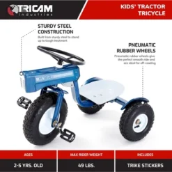 Tricam GCK-31 22 Inch Kids Steel Constructed Ol Blue Tractor Toy Beginner Tricycle With 3 Position Adjustable Seat And Pneumatic Wheels