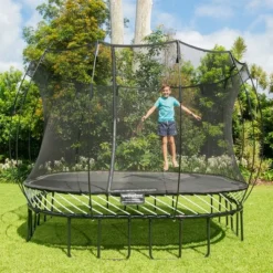 Springfree Trampoline Kids Large Square 11 Foot Trampoline With Safety Enclosure Net And SoftEdge Jump Bounce Mat For Outdoor Backyard Bouncing