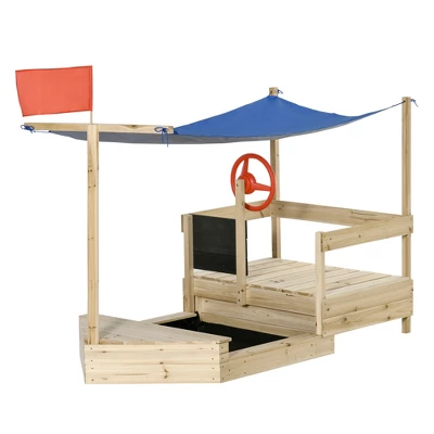 Outsunny Kids Wooden Sandbox, Covered Children Pirate Sand Boat For Outdoor, Foldable Play Station, W/ Flag, Canopy Shade, Bottom Liner, Blackboard, For 3-8 Years Old, Natural Wood 3 Outsunny Kids Wooden Sandbox, Covered Children Pirate Sand Boat For Outdoor, Foldable Play Station, W/ Flag, Canopy Shade, Bottom Liner, Blackboard, For 3-8 Years Old, Natural Wood - Image 3