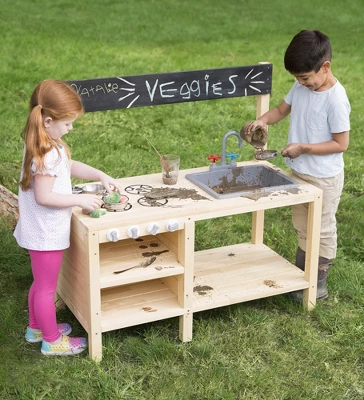HearthSong Wooden Mud Kitchen & Sensory Play Station With Metal Accessories For Kids' Imaginative Play 1 HearthSong Wooden Mud Kitchen & Sensory Play Station With Metal Accessories For Kids' Imaginative Play