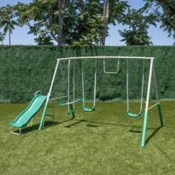The Swing Company Yonkers Metal Swing Set With Glide Ride Trapeze Bar And 5' Slide