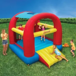 Banzai Cool Canopy Bouncer Outdoor Backyard Inflatable Kids Bounce House With Slide, Shade Canopy, Blower Motor, Ground Stakes, And Storage Bag