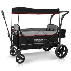 WONDERFOLD X2 Push & Pull Double Stroller Wagon With 5 Point Harnesses, Adjustable Push Handle, Telescopic Handle, And Removable UV-Protection Canopy