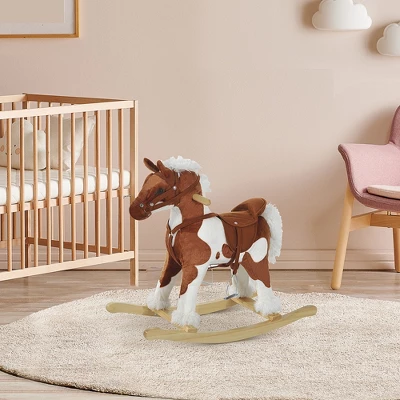 Qaba Kids Plush Ride-On Toy Rocking Horse Toddler Plush Animal Rocker With Nursery Rhyme Music - Light Brown / White 1 Qaba Kids Plush Ride-On Toy Rocking Horse Toddler Plush Animal Rocker With Nursery Rhyme Music - Light Brown / White