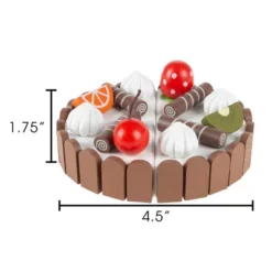 Birthday Cake-Kids Wooden Magnetic Dessert With Cutting Knife, Fruit Toppings, Chocolate And Vanilla Swirls-Fun Pretend Play Party Food By Toy Time