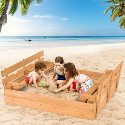 Costway Kids Large Wooden Sandbox W/Cover 2 Convertible Bench Seats For Outdoor Play 2 Costway Kids Large Wooden Sandbox W/Cover 2 Convertible Bench Seats For Outdoor Play - Image 2