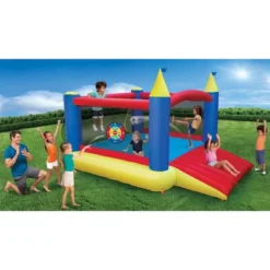 Banzai 12'x9'x7' Slide 'n Score Activity Bouncer Outdoor Backyard Inflatable Bouncy House Castle W/Pump Blower & Games For Kids Ages 3 & Up