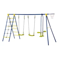 Outsunny Kids Metal Swing Set For Backyard, Outdoor Play Equipment, With Adjustable Swing Seat, Glider, Basket Hoop, Climb Ladder & Rope, A-Frame Stand, For 3-10 Years Old, Blue -LITTLE TIKES Shop GUEST 8c665e3b 7a14 4775 9939 c0207bbd97f3
