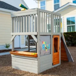 Funphix Lookout Post Outdoor Wooden Playhouse, Buildable Kids Backyard Playset With Climbing Ramp