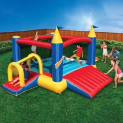 Banzai Slide N Fun Inflatable Slide And Bounce House With Oversized Entryway Slide, Soccer Net, Ball, And Included Motor Blower, Ages 3+