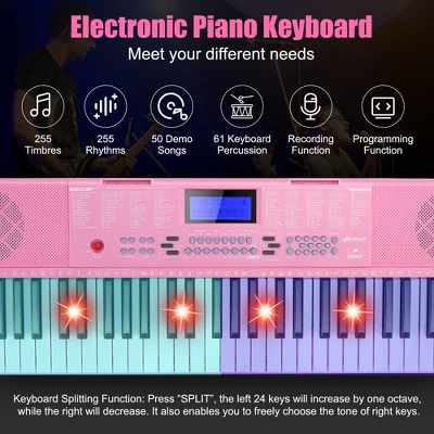 Costway 61-Key Electric Piano Portable Digital Keyboard W/Lighted Key Music Stand Pink 4 Costway 61-Key Electric Piano Portable Digital Keyboard W/Lighted Key Music Stand Pink - Image 4