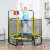 Qaba 4.6' Kids Trampoline With Basketball Hoop, Horizontal Bar, 55" Indoor Trampoline With Enclosure Net, Ages 1-10, Yellow