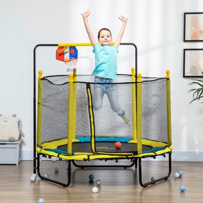 Qaba 4.6' Kids Trampoline With Basketball Hoop, Horizontal Bar, 55" Indoor Trampoline With Enclosure Net, Ages 1-10, Yellow 1 Qaba 4.6' Kids Trampoline With Basketball Hoop, Horizontal Bar, 55" Indoor Trampoline With Enclosure Net, Ages 1-10, Yellow