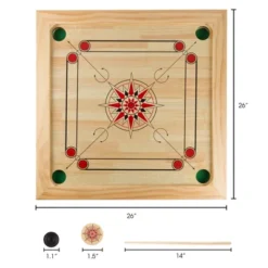 Toy Time Classic Carrom Strike-and-Pocket Tabletop Board Game With Cue Sticks, Coins, And Striker - Pine