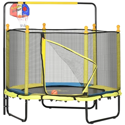 Qaba 4.6' Kids Trampoline With Basketball Hoop, Horizontal Bar, 55" Indoor Trampoline With Enclosure Net, Ages 1-10, Yellow 3 Qaba 4.6' Kids Trampoline With Basketball Hoop, Horizontal Bar, 55" Indoor Trampoline With Enclosure Net, Ages 1-10, Yellow - Image 3