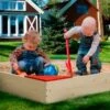 PLAYBERG Outdoor Wooden Sand Box With Floor Cover And Waterproof Protection Cover, Square Sandpit For Kids