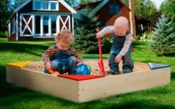 PLAYBERG Outdoor Wooden Sand Box With Floor Cover And Waterproof Protection Cover, Square Sandpit For Kids