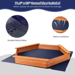 Costway Hexagon Wooden Cedar Sand Box W Seat Boards & Cover & Ground Liner -LITTLE TIKES Shop GUEST a64e634b 280e 4f37 8f8f 643c0b7ed46a