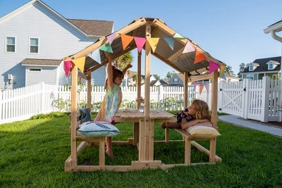 Funphix Kids Klubhouse Wooden Playhouse Outdoor Indoor, DIY Backyard Playhouse With Table & Benches 4 Funphix Kids Klubhouse Wooden Playhouse Outdoor Indoor, DIY Backyard Playhouse With Table & Benches - Image 4