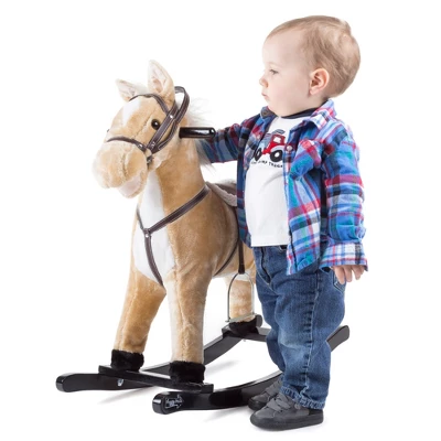 Toy Time Kids Plush Ride-On Rocking Horse On Wooden Rockers With Sounds, Stirrups, Saddle, And Reins - Brown 3 Toy Time Kids Plush Ride-On Rocking Horse On Wooden Rockers With Sounds, Stirrups, Saddle, And Reins - Brown - Image 3