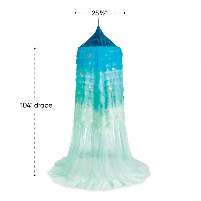 HearthSong Mermaid Blue Scalloped Gauze Canopy With LED Lights And Decorative Applique And Cute Shells And Starfish 2 HearthSong Mermaid Blue Scalloped Gauze Canopy With LED Lights And Decorative Applique And Cute Shells And Starfish - Image 2