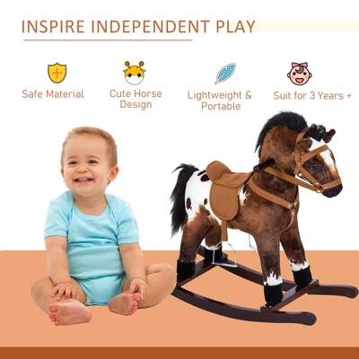 Qaba Kids Metal Plush Ride-On Rocking Horse Chair Toy With Realistic Sounds - Dark Brown/White 2 Qaba Kids Metal Plush Ride-On Rocking Horse Chair Toy With Realistic Sounds - Dark Brown/White - Image 2