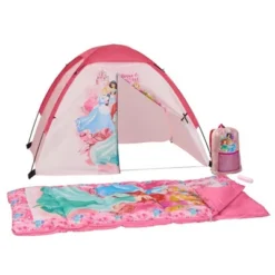 Exxel Outdoors Disney Kids 4 Piece Princess Camping Kit With Floorless Dome Tent, Youth Sized Sleeping Bag, Backpack, And LED Flashlight