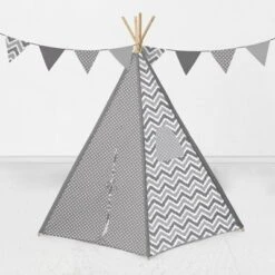 Bacati - Mix N Match Gray Chevron/Dots Play Tent For Kids/Toddlers, 100% Cotton Percale Fabric Cover