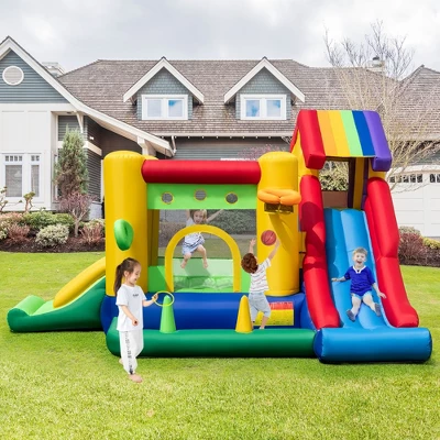 Costway Colorful Rainbow Kids Inflatable Bounce Castle With 50 Ocean Balls & 735W Blower 1 Costway Colorful Rainbow Kids Inflatable Bounce Castle With 50 Ocean Balls & 735W Blower