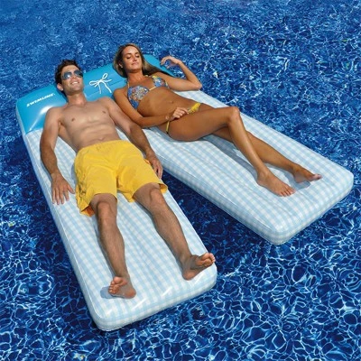 Swimline 77.5" Inflatable Swimming Pool Board Shorts Double Lounger 2-Person Float - Blue/White 2 Swimline 77.5" Inflatable Swimming Pool Board Shorts Double Lounger 2-Person Float - Blue/White - Image 2