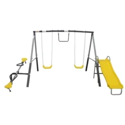 XDP Recreation The Titan Outdoor Backyard Toddler Playground Swing Set With Slide, 2 Swings, See-Saw, And Trapeze For Kids Ages 3 To 8 Years