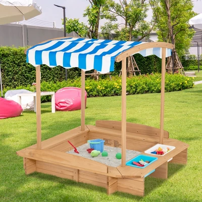 Costway Kids Large Wooden Sandbox W/ 2 Bench Seats Outdoor Play Station For Children 1 Costway Kids Large Wooden Sandbox W/ 2 Bench Seats Outdoor Play Station For Children