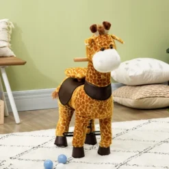 Qaba Baby Stuffed Giraffe Rocking Horse Toy For Girls And Boys, Zoo Animal Plush Ride-on Toy With Soft Feel, Interactive Toy For Kids, Giraffe Gifts